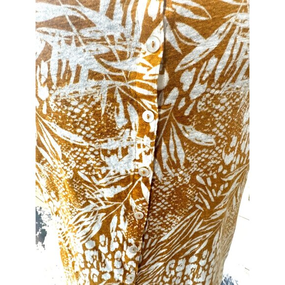 Christian Siriano 100% Linen Mustard Yellow Tropical Floral Back Button Top M - Picture 7 of 9